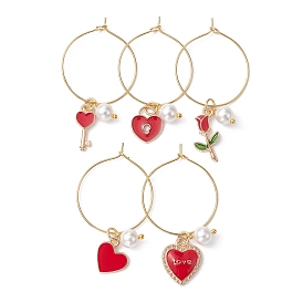 Valentine's Day Alloy Enamel Wine Glass Charms, with Brass Wine Glass Charm Rings and Shell Pearl Beads, Rose/Heart/Key