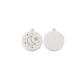 304 Stainless Steel Pendants, Flat Round with Moon Pattern
