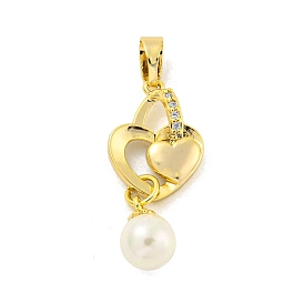 Brass Micro Pave Cubic Zirconia Pendants, with ABS Imitation Pearl Beads, Heart