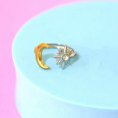 304 Открытые кольца-манжеты из нержавеющей стали с микропаве из кубического циркония, луна и солнце