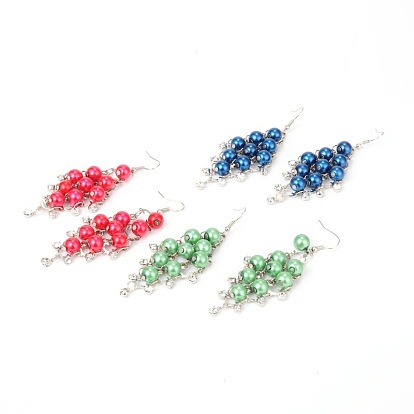 Iron Chandelier Glass Pearl Dangle Earrings, with Brass Rhinestone Findings and Brass Earring Hooks