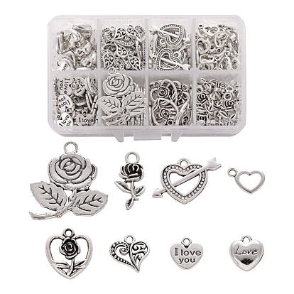 8 Style Tibetan Style Alloy Pendants, Heart & Arrow through Heart & Rose Flower & Heart with Word & Heart with Flower