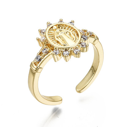Brass Micro Pave Clear Cubic Zirconia Cuff Rings, Open Rings, Nickel Free, Oval with Human