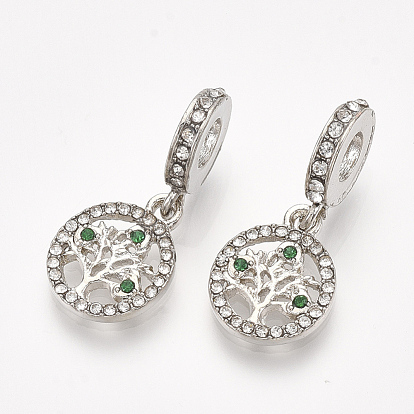Alloy European Dangle Charms, with Rhinestone, Large Hole Pendants, Flat Round with Tree, Platinum