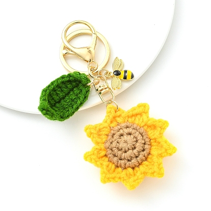 Llavero de girasol de ganchillo hecho a mano y abeja de aleación esmaltada, Llavero de punto con forma de hoja de flor y broche para bolso o mochila.