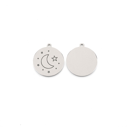 304 Stainless Steel Pendants, Flat Round with Moon Pattern