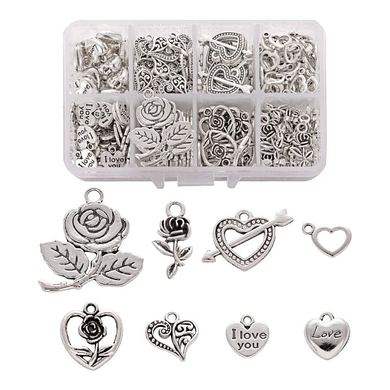 8 Style Tibetan Style Alloy Pendants, Heart & Arrow through Heart & Rose Flower & Heart with Word & Heart with Flower