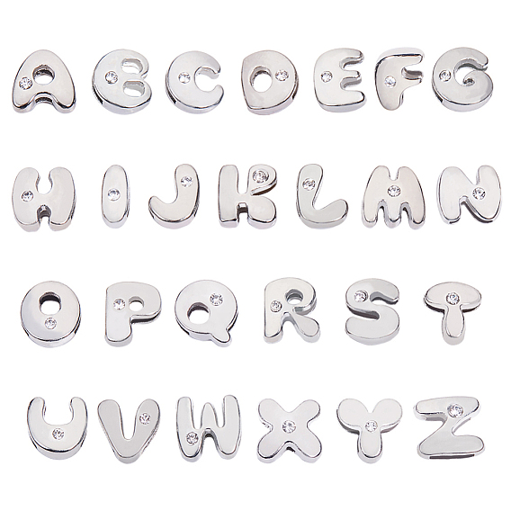 Englisch Alphabet-Sets, 26 Letter Slider-Legierungsperlen mit einzelnem Strass, Platin Farbe