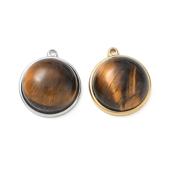 304 Подвески из нержавеющей стали и натурального тигрового глаза, полукруглый шарм, ионное покрытие (ip)