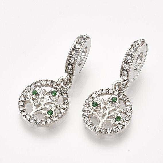 Alloy European Dangle Charms, with Rhinestone, Large Hole Pendants, Flat Round with Tree, Platinum