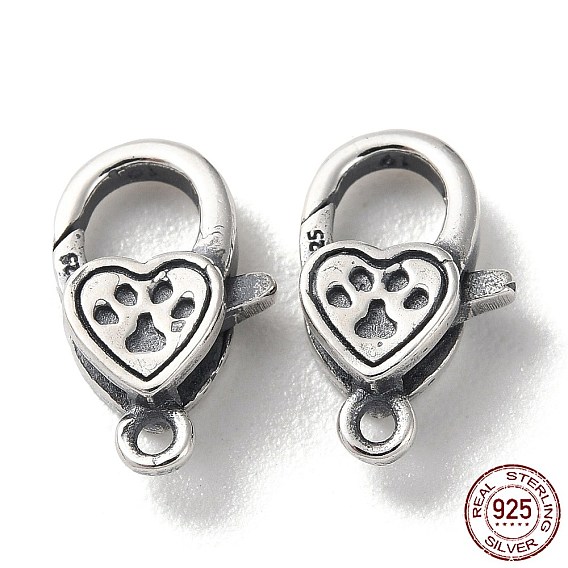 925 Thailand Sterling Silver Lobster Claw Clasps, Heart with Paw Print, with 925 Stamp