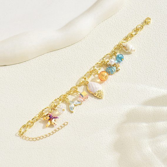 Летние браслеты с подвесками из смолы, браслеты-цепочки из латуни для женщин, формы ракушек, рыбий хвост и морская звезда, с эмалью