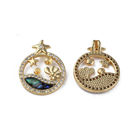 Brass Pave Clear Cubic Zirconia Peg Bails, with Synthetic Abalone Shell/Paua Shell, Nickel Free, Flat Round with Star