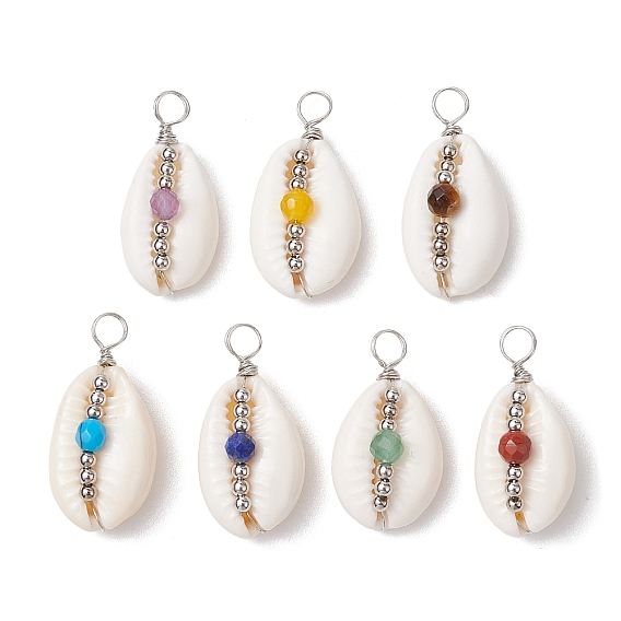 7шт. 7 стили ограненный круглый натуральный аметист, зеленый авантюрин, красная яшма, тигровый глаз, агат и лазурит, синтетическая бирюза медная проволока обернутая натуральной раковиной каури чакра подвеска комплект