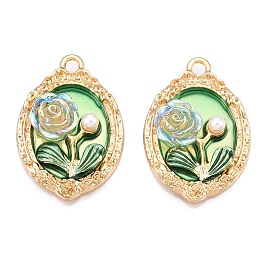 Rack Plating Alloy Enamel Pendants, with ABS Imitation Pearl & Resin, Cadmium Free & Nickel Free & Lead Free, Light Gold, Oval with Flower Charm