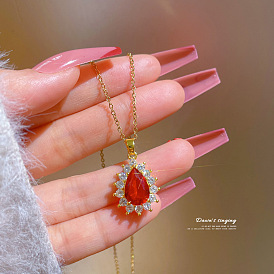Luxury Ruby Gemstone Diamond Necklace - Lucky Charm Collarbone Chain Accessory.