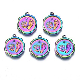 Rack Plating Rainbow Color 304 Stainless Steel Pendant Rhinestone Settings, Flat Round