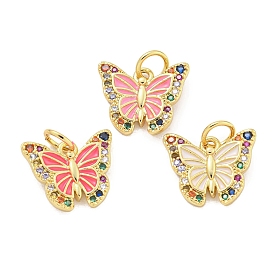 Rack Plating Brass Micro Pave Cubic Zirconia with Enamel Charms, with Jump Rings Long-Lasting Plated, Lead Free & Cadmium Free, Butterfly