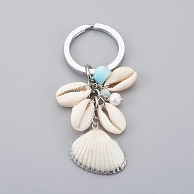 Electroplate Shell Keychain, with Grade A Pearl Beads, Natural Larimar Beads, Iron Jump Ring