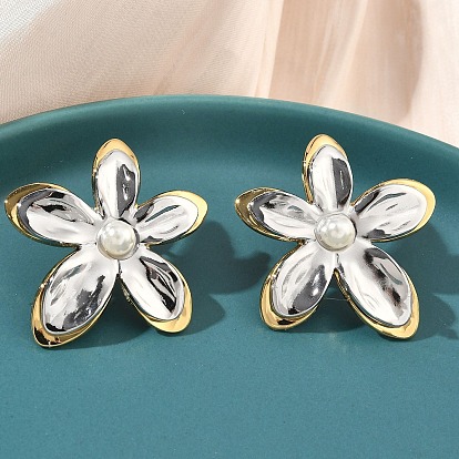 Двухцветные 304 серьги-гвоздики из нержавеющей стали с акриловым искусственным жемчугом, формы цветка, ионное покрытие (ip), долговечный