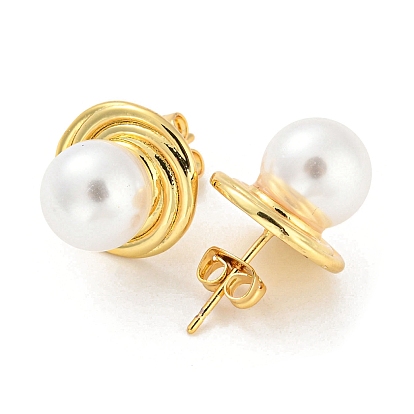 Plastic Pearl Round Stud Earrings, Brass Earrings, Long-Lasting Plated, Cadmium Free & Lead Free