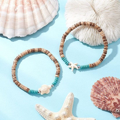 Натуральный кокос с синтетическими бирюзовыми бусинами эластичные браслеты для мужчин и женщин