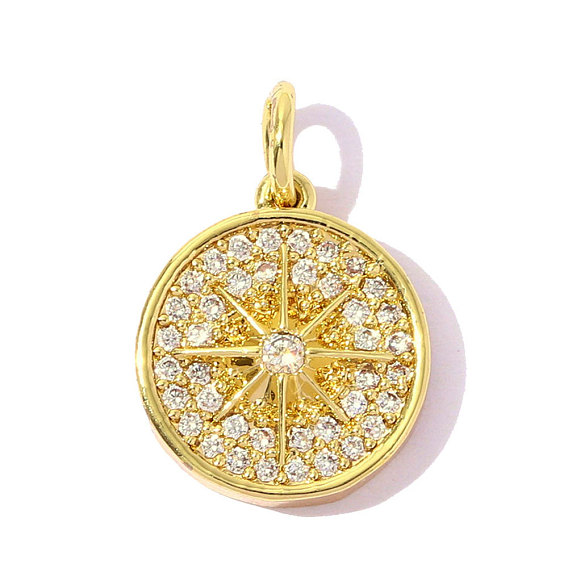 Латунные микропаве прозрачные подвески с фианитом, компас очарование, ионное покрытие (ip), долговечный, реальный 18 k позолоченный