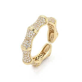 Brass Micro Pave Cubic Zirconia Cuff Rings, Bamboo Joint Open Rings for Women, Long-Lasting Plated