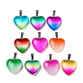 Spray Paint Glass Pendant, with Platinum Iron Findings, Heart Charms