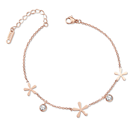 Stainless Steel Charm Anklets, with Cubic Zirconia and Cable Chains, Flower