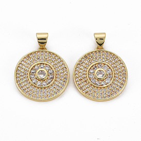 Brass Micro Pave Clear Cubic Zirconia Pendants, Nickel Free, Flat Round