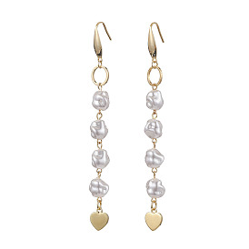 Brass Dangle Earrings, with Plastic Imitation Pearl Beads, Heart