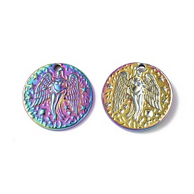 Ion Plating(IP) 304 Stainless Steel Pendants, Textured, Flat Round with Angel Charm