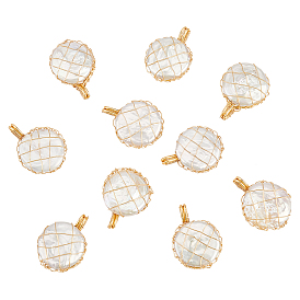 Nbeads 10Pcs Natural Baroque Pearl Keshi Pearl Pendants, with Real 18K Gold Plated Copper Wire Wrapped, Flat Round