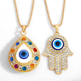 Turkish Blue Eye Diamond Necklace for Women - Fashionable Alloy Fatima Hand Pendant Jewelry