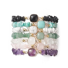 7Pcs 7 Style Natural & Synthetic Mixed Gemstone Square & Chips Beaded Stretch Bracelets Set for Women