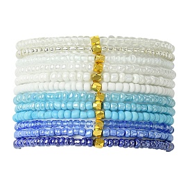 Blue Color Palette Glass Seed Beaded Stretch Bracelet Sets, Stackable Bracelets