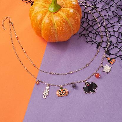 Brass Satellite Chains Double Layer Necklace, Skeleton & Pumpkin & Bat Alloy Enamel Charms Halloween Necklace for Women