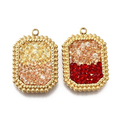 304 подвески из нержавеющей стали, прямоугольный шарм, со стразами, ионное покрытие (ip), реальный 18 k позолоченный