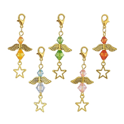 50pcs 5 styles décorations pendentif ange en acrylique, fermoir mousqueton étoile en alliage de zinc breloque, breloques à clipser, pour porte-clés, sac à main, sac à dos, antique d'or et d'or