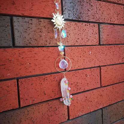 Wire Wrapped Natural Crystal Quartz & Glass Pendant Decorations, with Metal Sun Link, for Garden Window Hanging Suncatchers