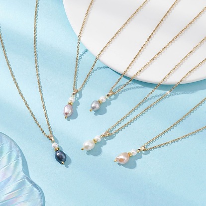 Подвеска в виде картофеля с натуральным культивированным пресноводным жемчугом и ракушечным жемчугом 304 ожерелья из нержавеющей стали с цепочкой, разноцветные, смешанные окрашенные и неокрашенные