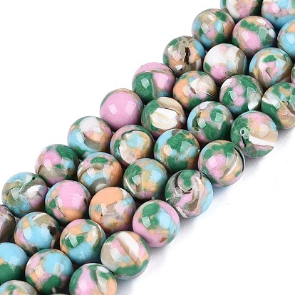 Assembled Synthetic Turquoise and Trochus Shell Beads Strands, Smooth Round, Dyed