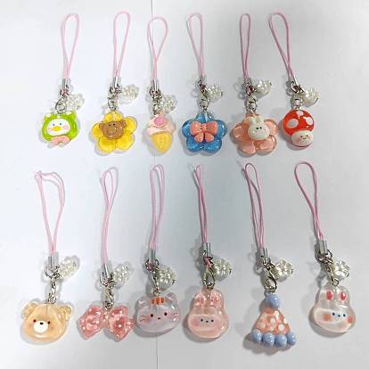 12 Piezas lindas de correas de resina para colgantes móviles, Con cuentas de flores de imitación de perlas de plástico ABS., formas mixtas