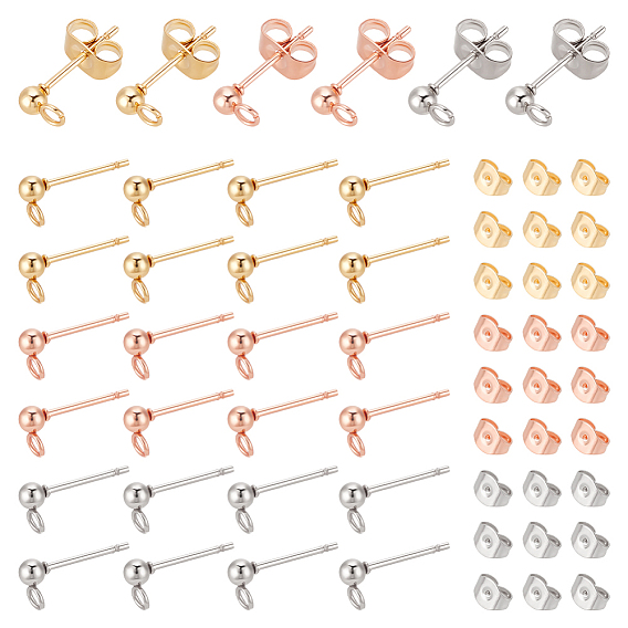 60Pcs 3 Color 304 Stainless Steel Ball Stud Earring Post with Loop, with 60Pcs 3 Color 304 Stainless Steel Ear Nuts