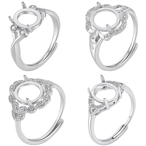 4шт. 4 стили латунные кольца с микропаве из кубического циркония, регулируемые застежки, настройки зубчатого кольца, овальные