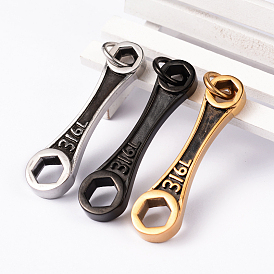 304 Stainless Steel Big Pendants, Spanner Carved 316L, 58x15x6mm, Hole: 8mm