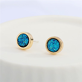 Minimalist Fashion Blue Crystal Earrings - Resin Studs, Round Shape