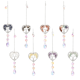 Обернутое проволокой сердце из натуральных драгоценных камней с подвеской в виде дерева жизни, стеклянные каплевидные кисточки для ловли солнца для оконных подвесных украшений