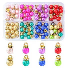 80Pcs 8 Colors ABS Plastic Charms, with Golden Tone Iron Findings and Rhinestone, Dyed, Round